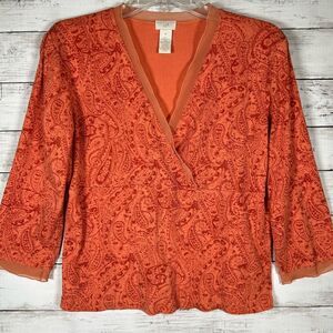 J Jill Orange Paisley V Neck 3/4 Sleeve Surplice Cotton T- Shirt Size M